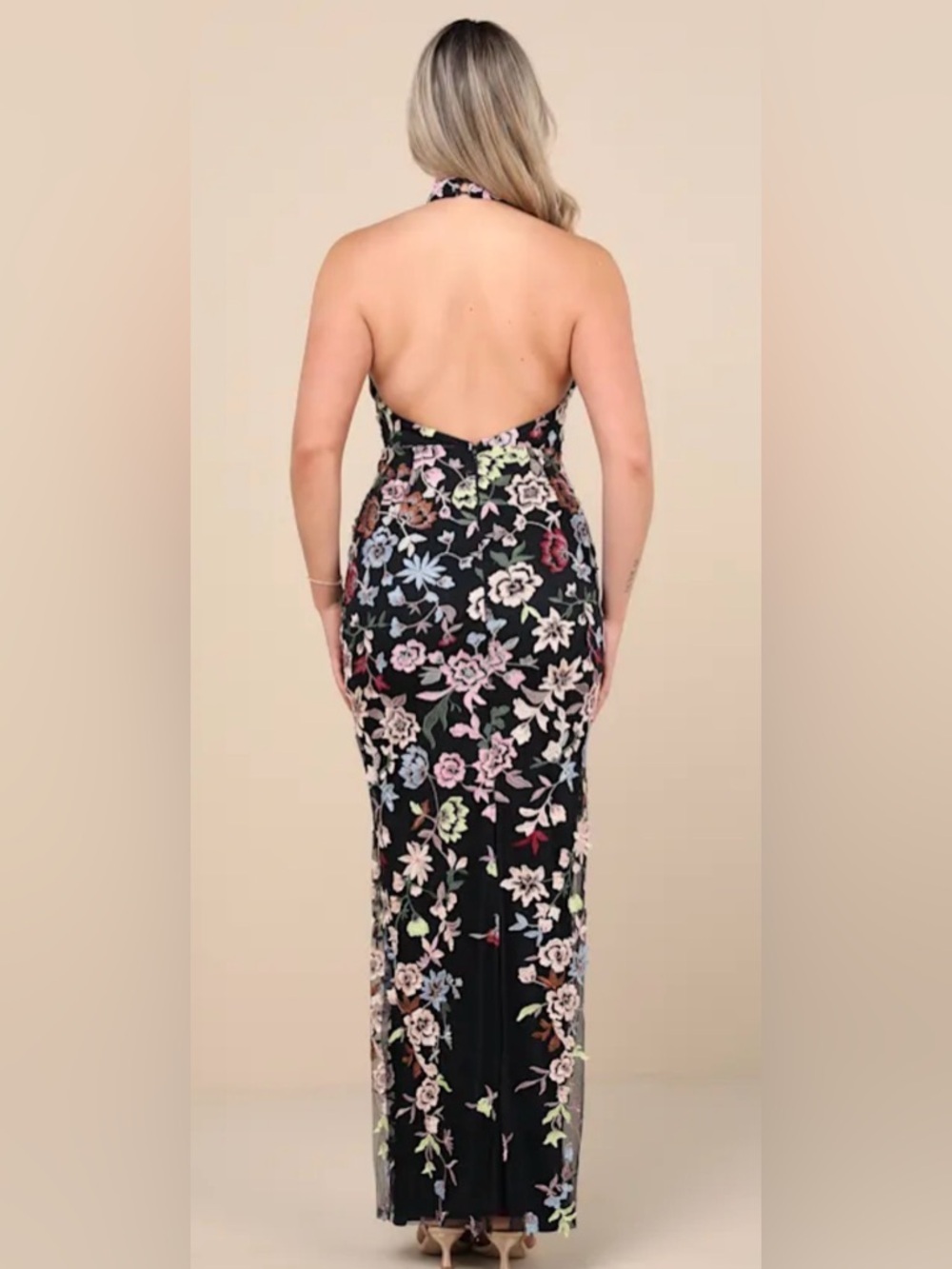 Lulu's Infinite Praise Black 3D Floral Embroidered Halter Maxi Dress NWT Size L - Picture 8 of 9